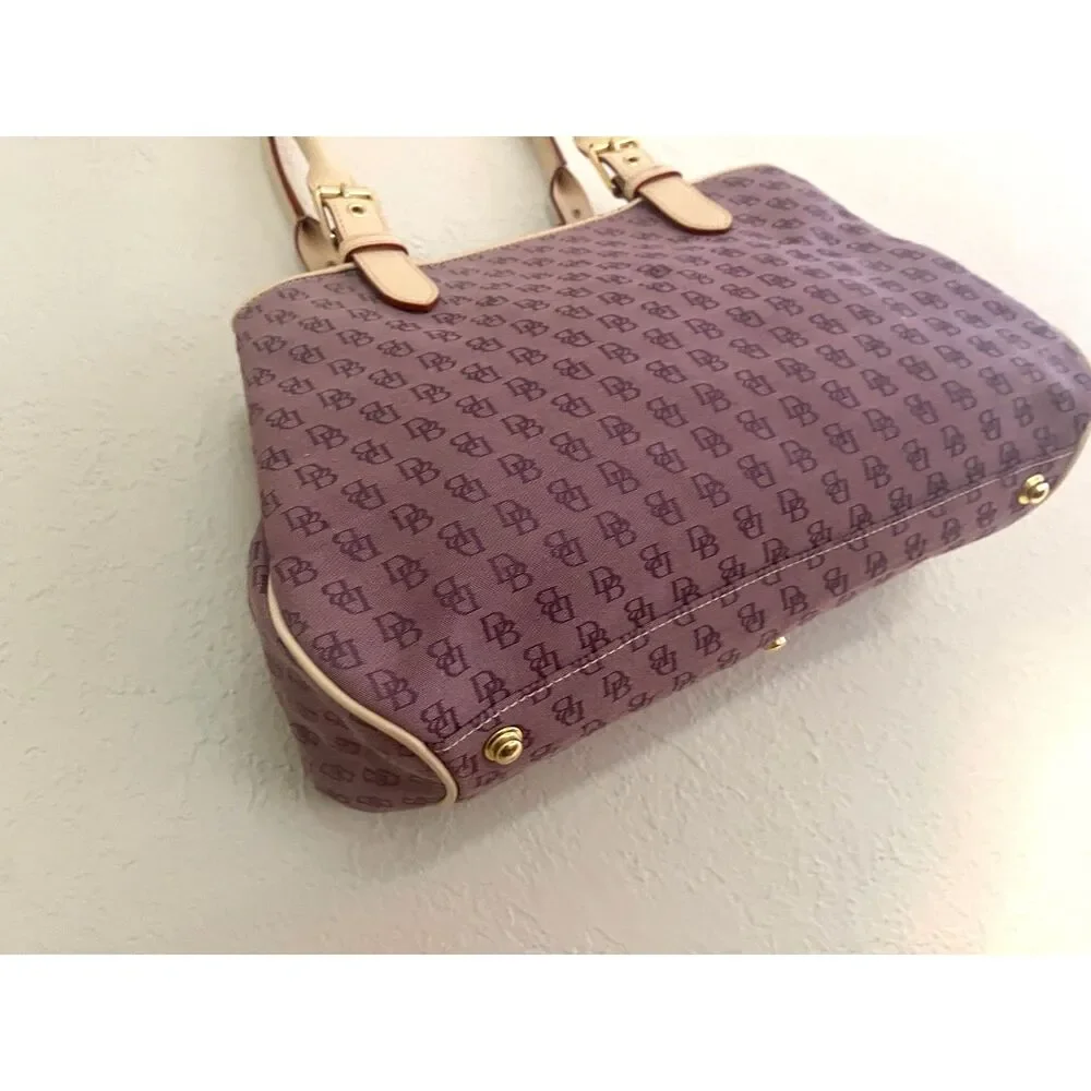 Dooney & Bourke Signature Canvas Purple DB Satchel HandBag Leather Trim 13x8